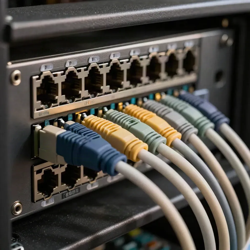 Macro of a finished Ethernet patch panel with color-coded cable boots and settling service loop.