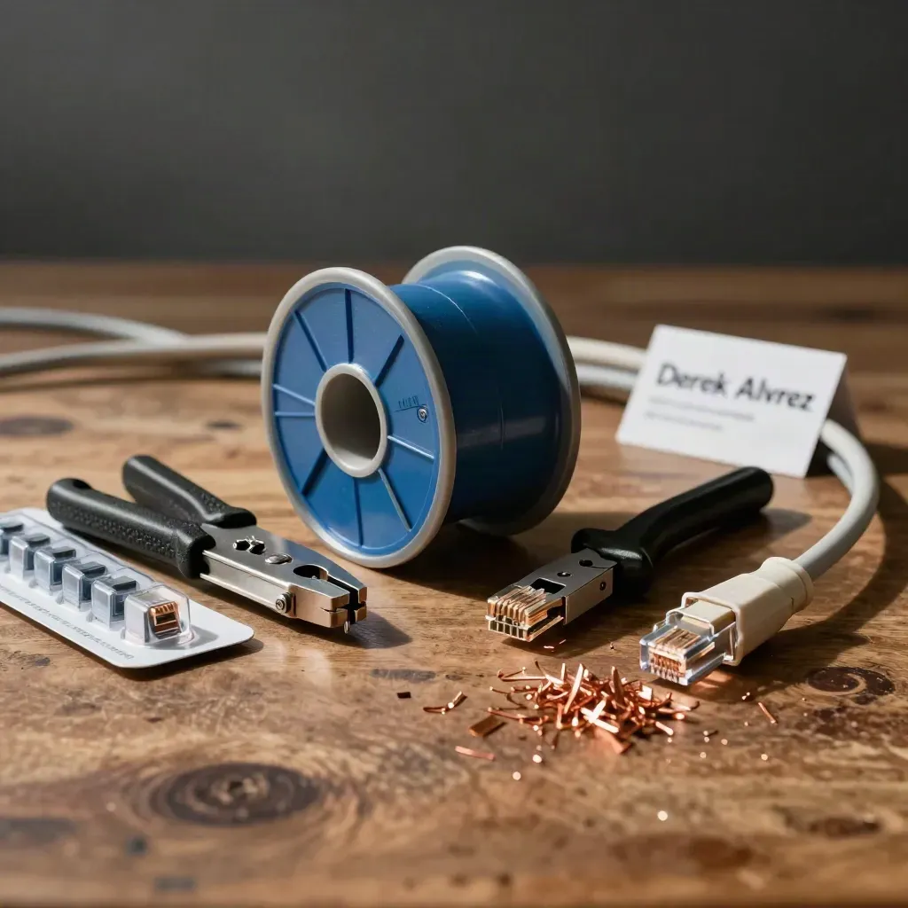 Cable tools on a walnut workbench with Cat6 spool, keystone pack, cutters, and copper offcuts.