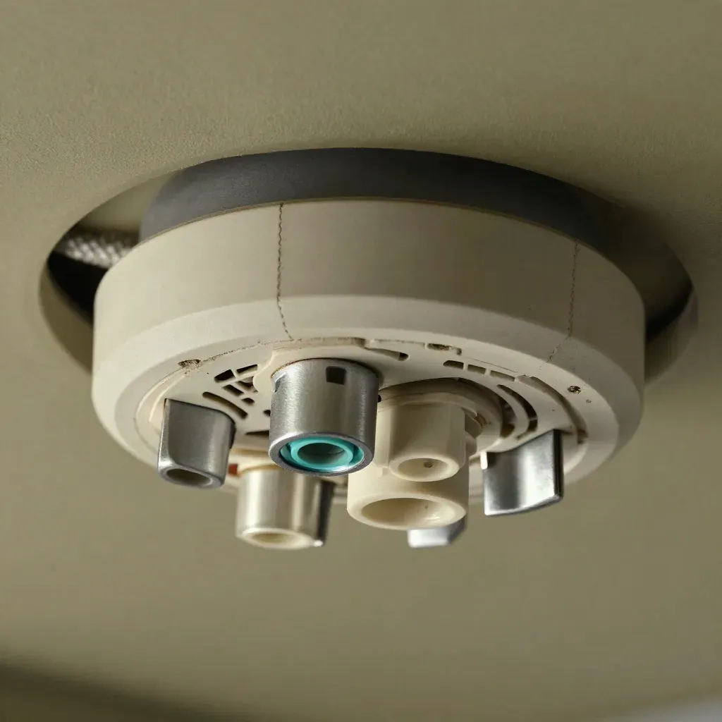Macro of Wi‑Fi hardware clustered on a ceiling access panel with a cyan diagnostic glow.