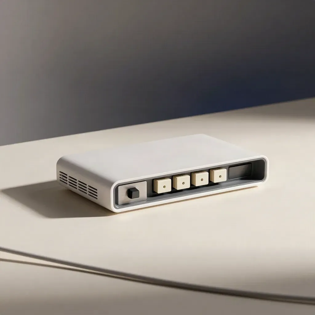 Router, switch, and keystone modules on a metal tray in a clean product still life.