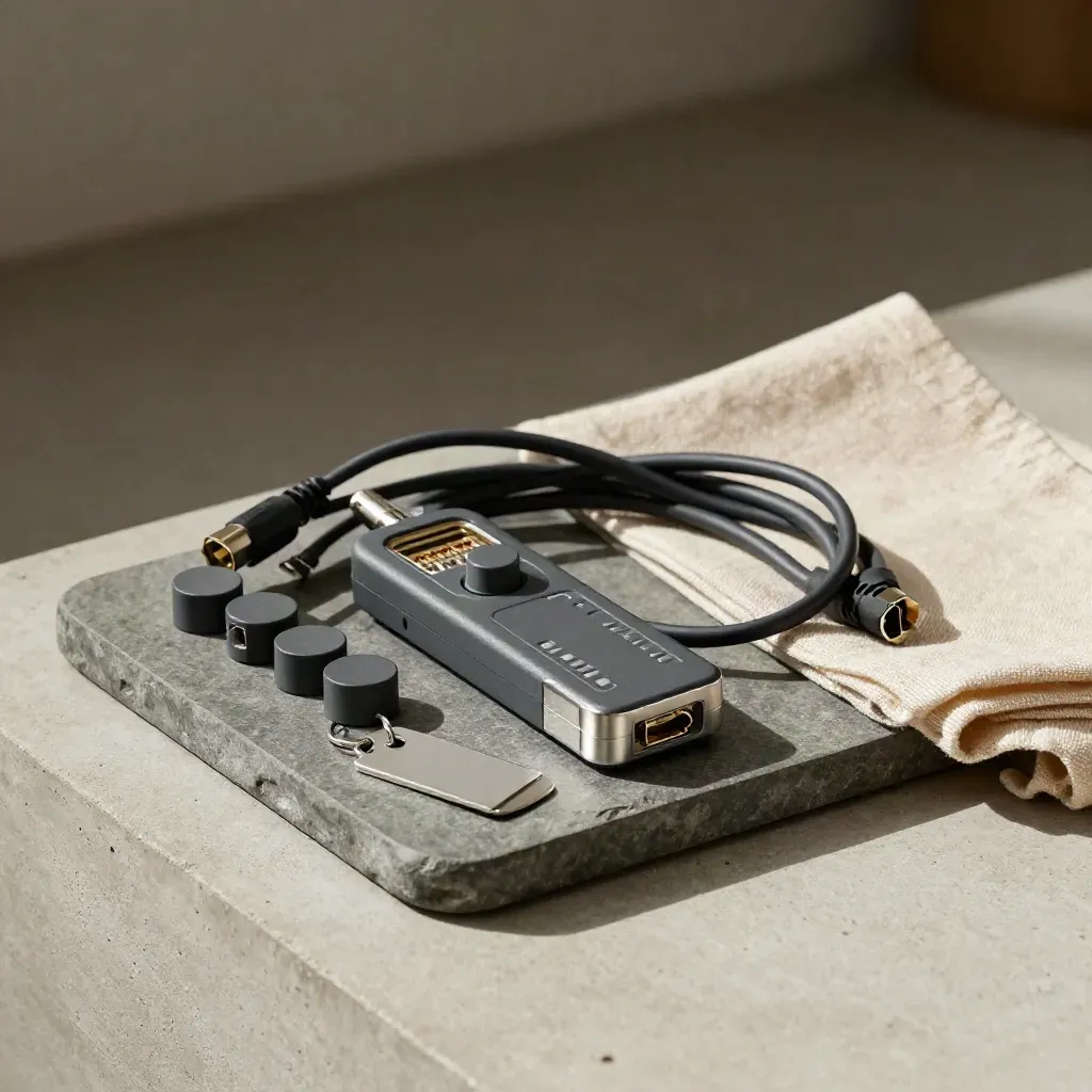 Ethernet tester, patch lead, port caps and blank tags on a stone tray in soft light.