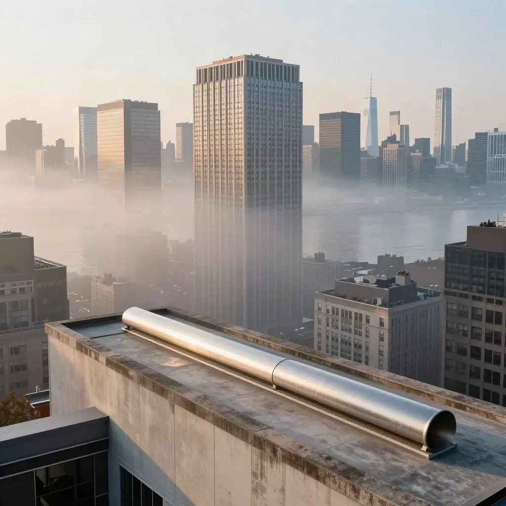 Manhattan skyline from a misty west-side rooftop at dawn