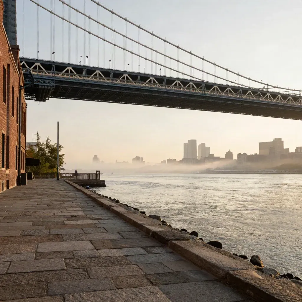 Manhattan Bridge over DUMBO waterfront at golden hour with misty river