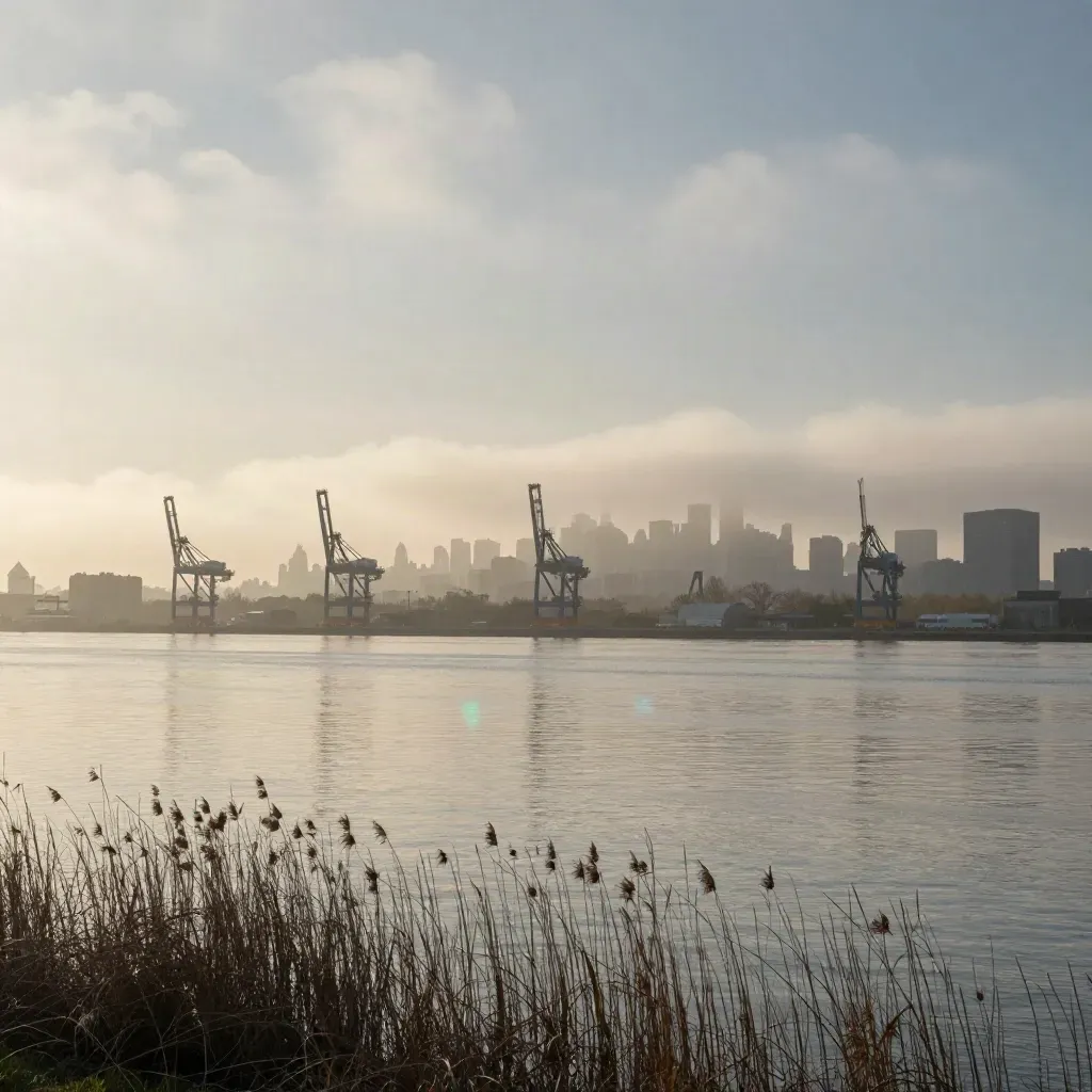 Long Island City waterfront cranes and skyline fading into sunrise mist