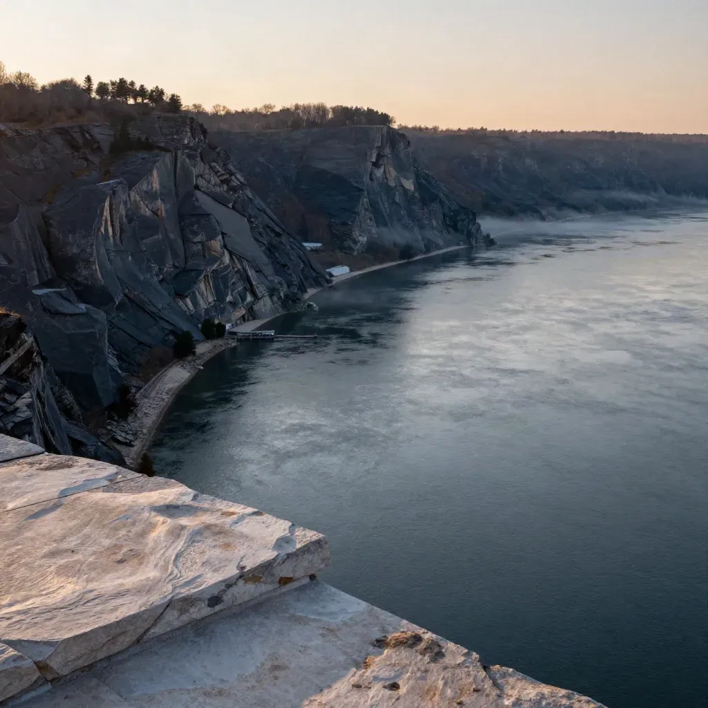 Hudson Palisades above a still river at dusk, with hazy waterfront and calm copy space.