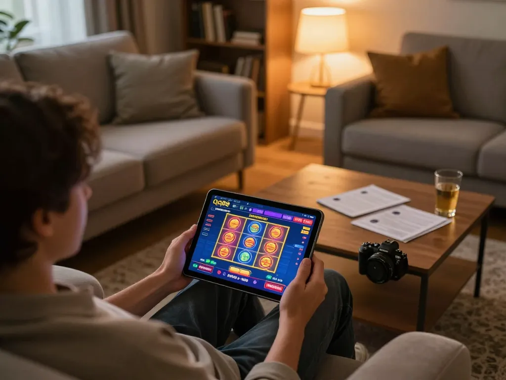 Player engaging with the qq88 online casino app on a tablet, showcasing a cozy gaming atmosphere