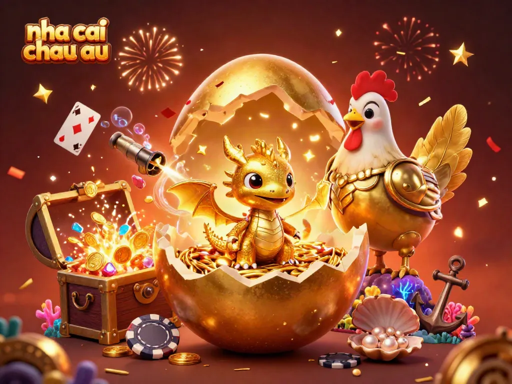 Nha cái châu Âu với rồng vàng, chips poker và kho báu đầy kim cương