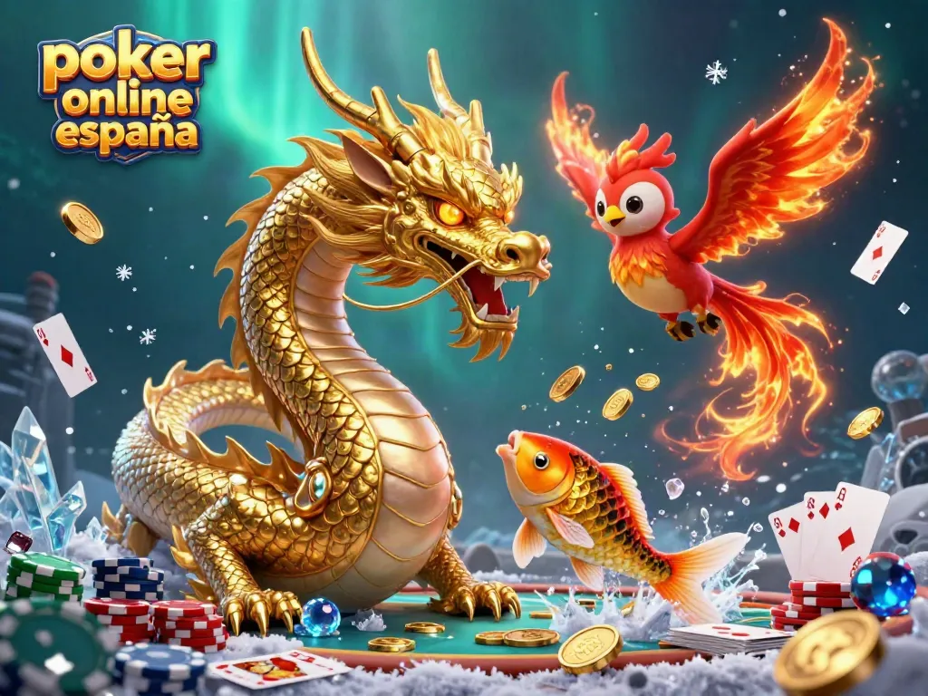 Experimenta el emocionante póker online España con un dragón y un fénix místico en un entorno vibrante.
