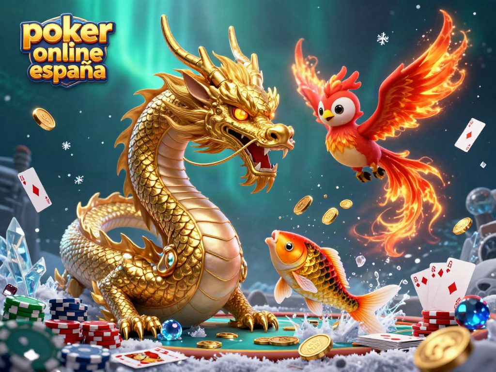 Experimenta el emocionante póker online España con un dragón y un fénix místico en un entorno vibrante.