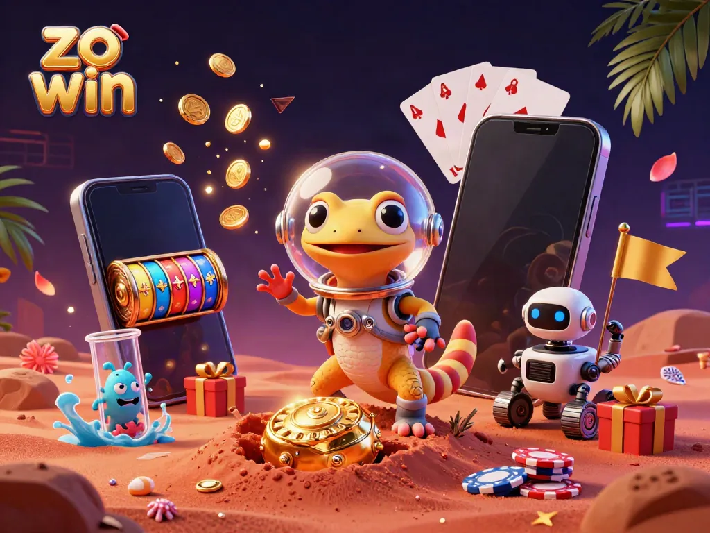 Join the Martian gecko in a quest for fortune at the casino in this vibrant illustration - zo win!