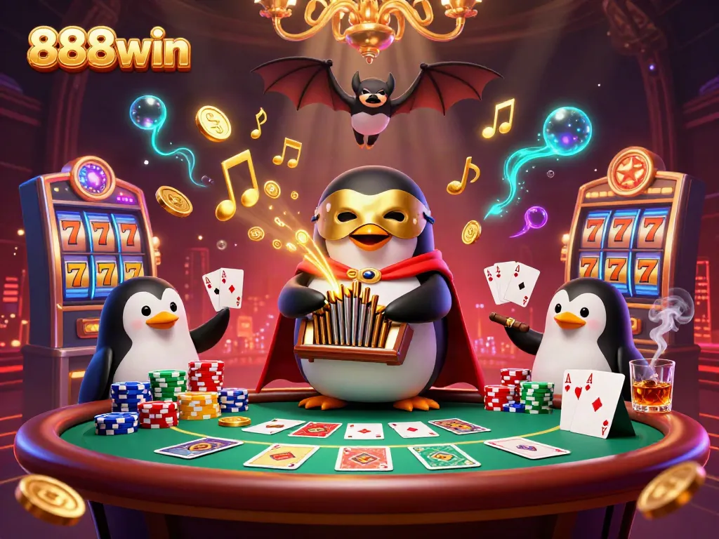 Experience 888win through a lively illustration showcasing a penguin playing music as coins fly, embodying the casino spirit.