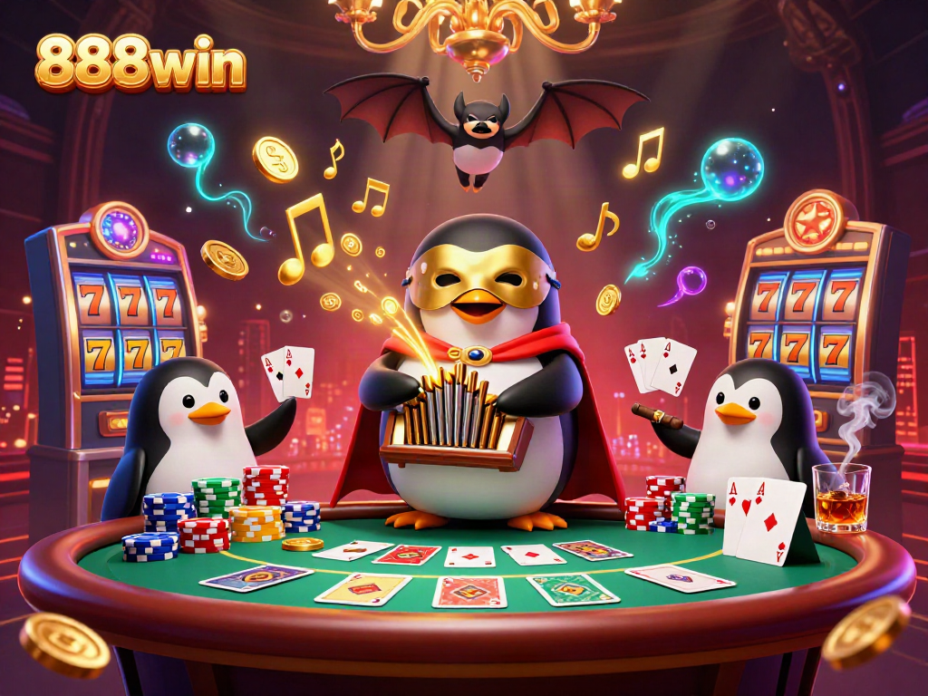 Experience 888win through a lively illustration showcasing a penguin playing music as coins fly, embodying the casino spirit.