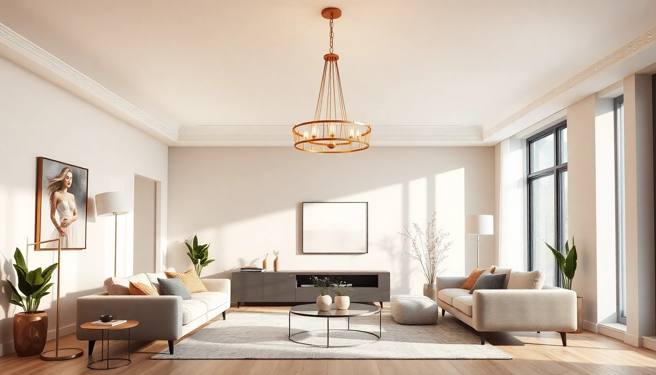 Shop ModernLighting with elegant fixtures illuminating a stylish living room.