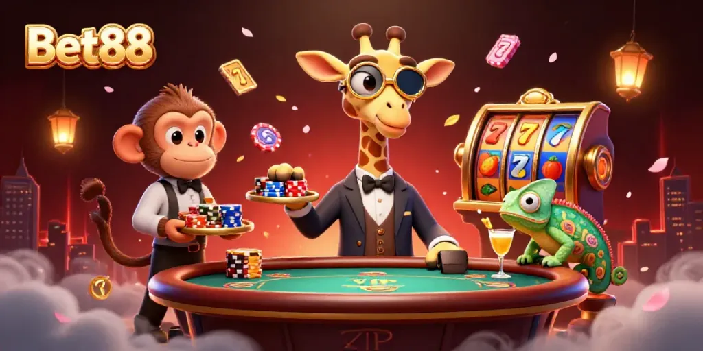 Visualize Bet88 with a high-roller giraffe at a poker table amidst lively gaming elements.