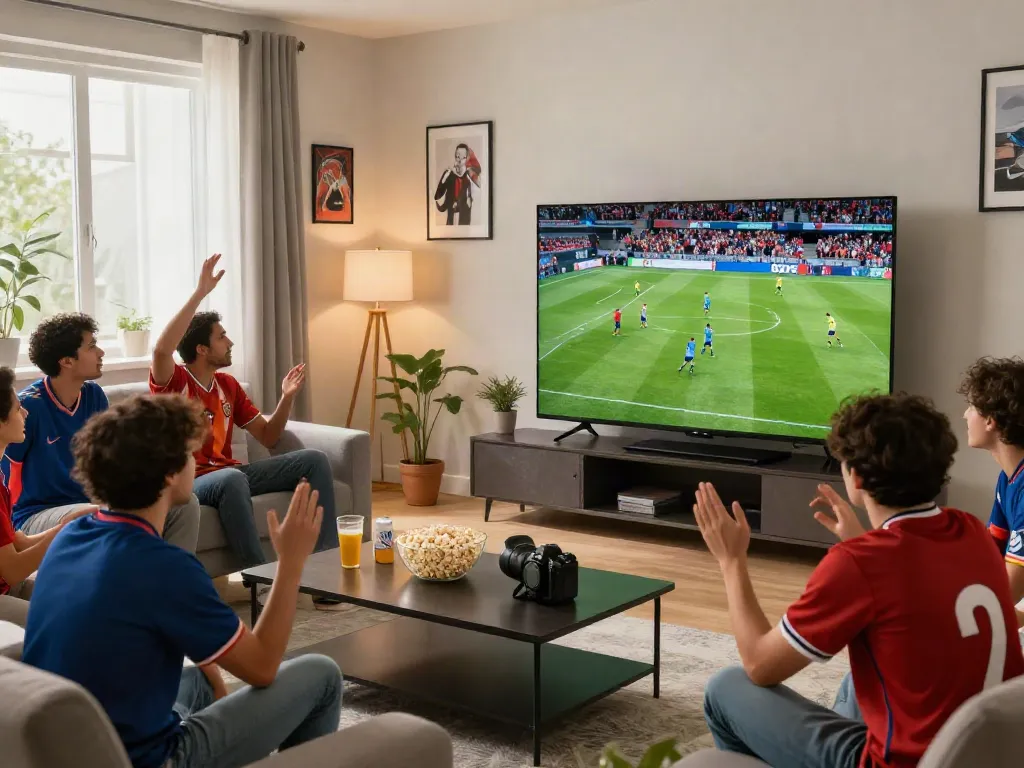 Excited fans enjoying live sports on https://thapcamtvlive.live/ in a modern living room.