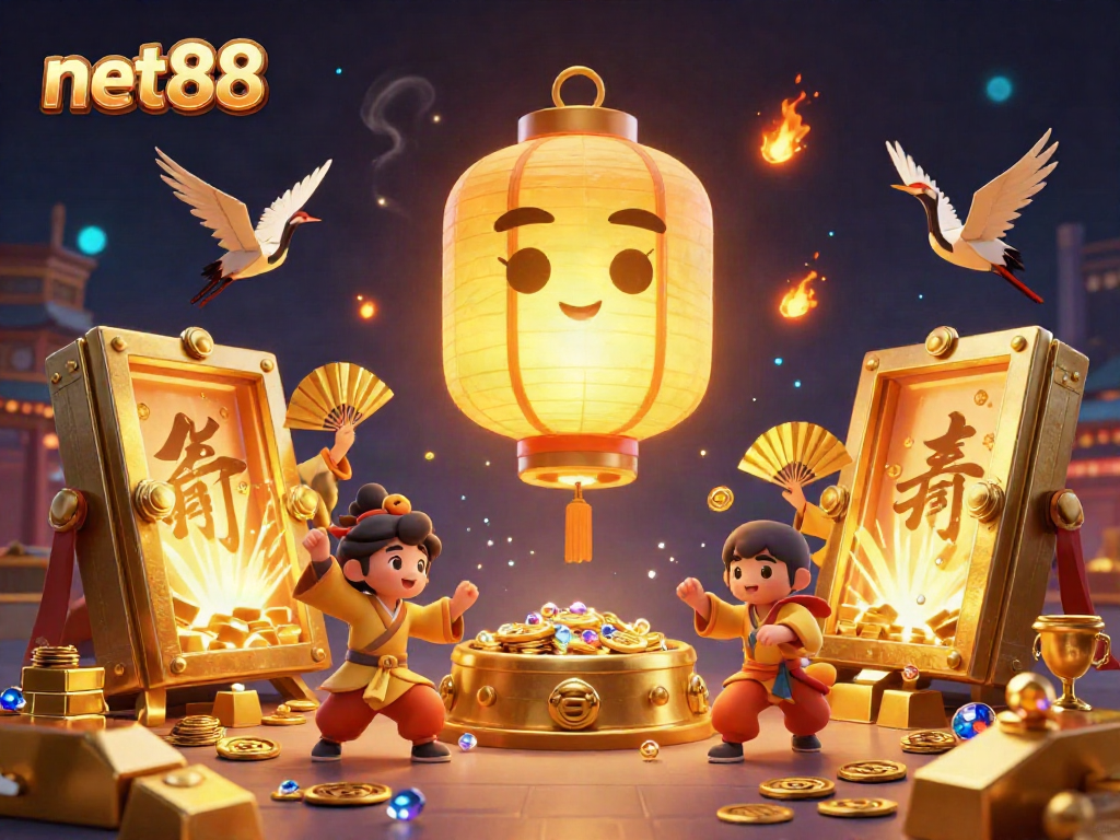 Experience net88 through a vibrant scene with a glowing lantern spirit amidst treasures and luck symbols.