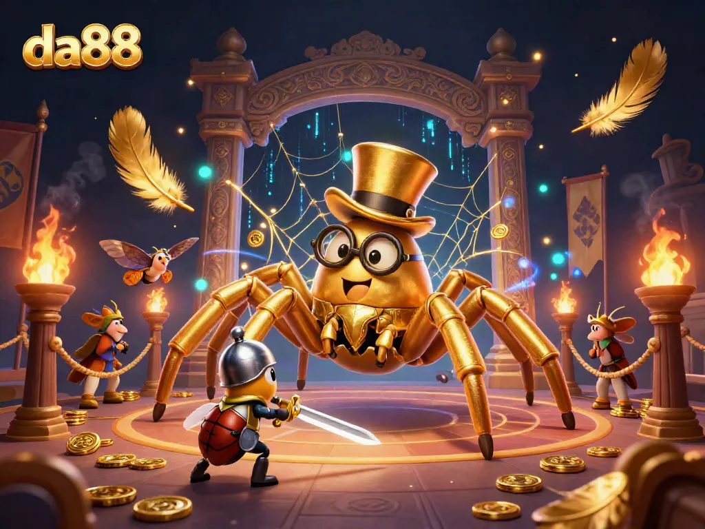 Experience excitement at da88 with a brave beetle knight and a golden tarantula in a dynamic casino scene.
