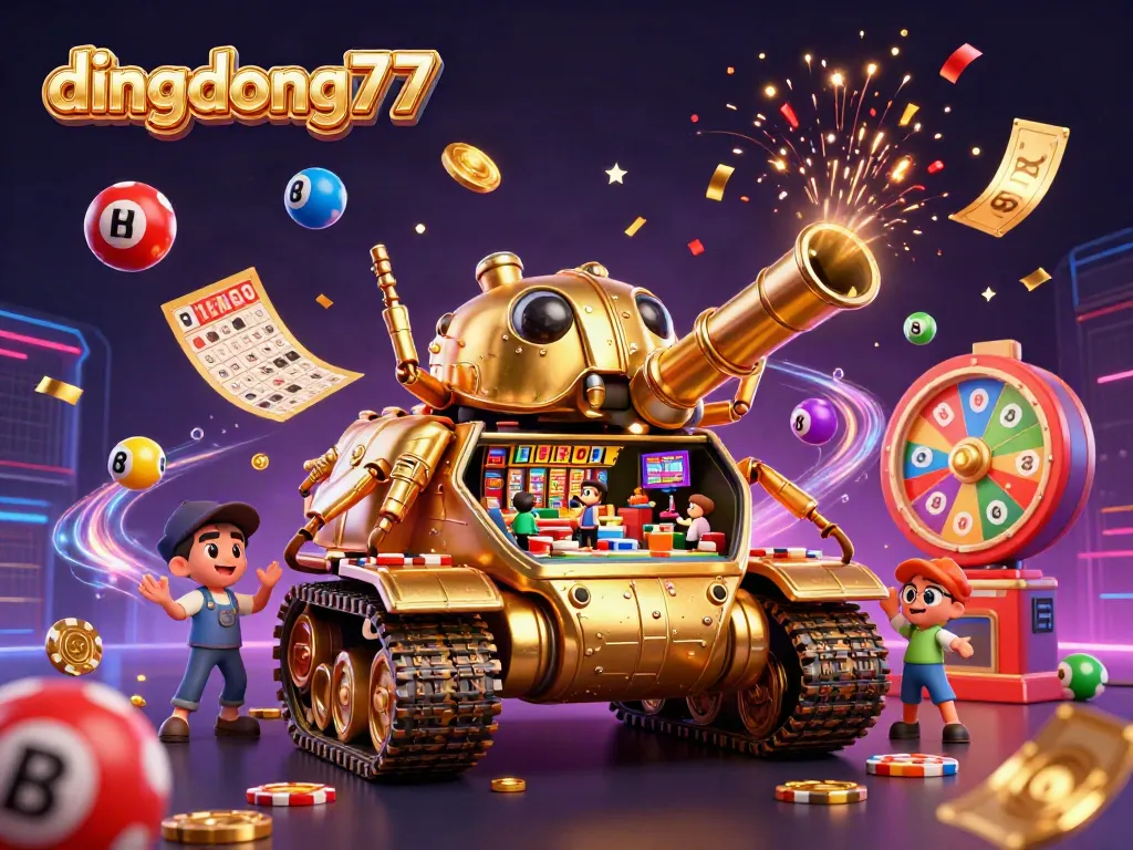 Engage with the lively scene of dingdong77 featuring a massive golden beetle tank revealing a miniature casino, surrounded by colorful lottery balls.