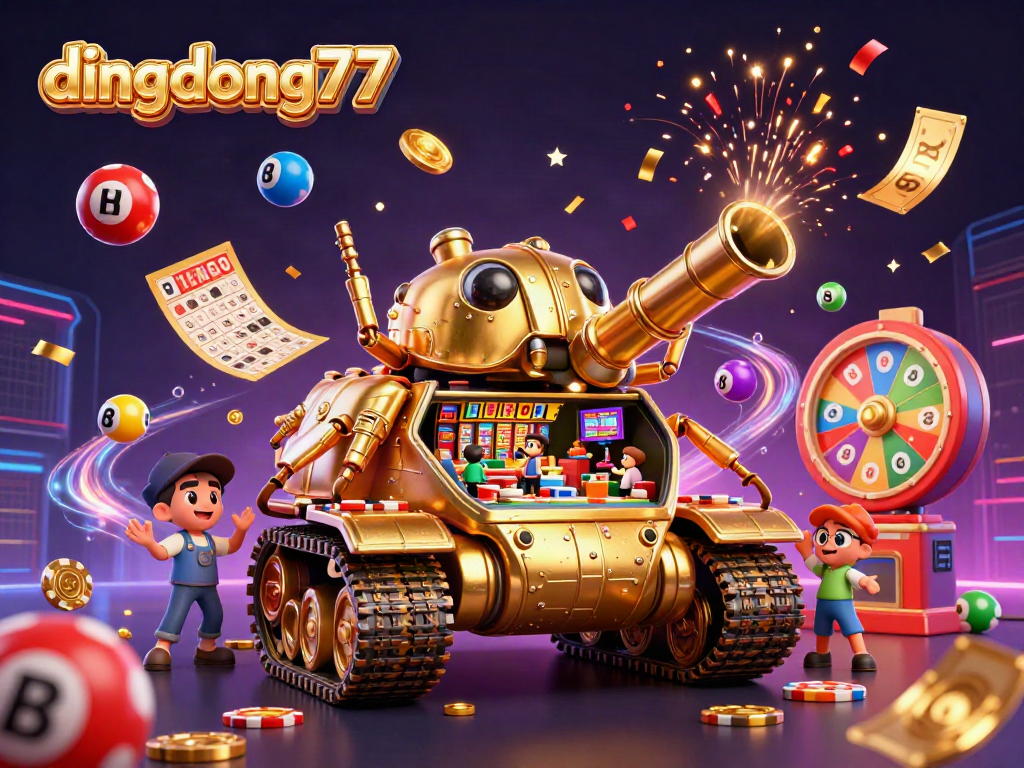 Engage with the lively scene of dingdong77 featuring a massive golden beetle tank revealing a miniature casino, surrounded by colorful lottery balls.