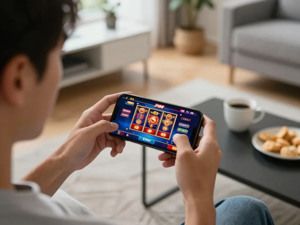 Tải J188 through an engaging mobile app experience with exciting casino graphics displayed on the smartphone