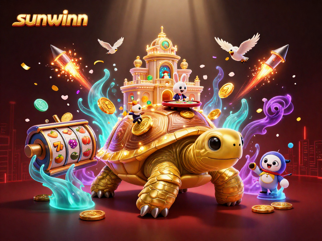 Sunwinn players hitting jackpot with golden tortoise and vibrant slots in a casino scene.