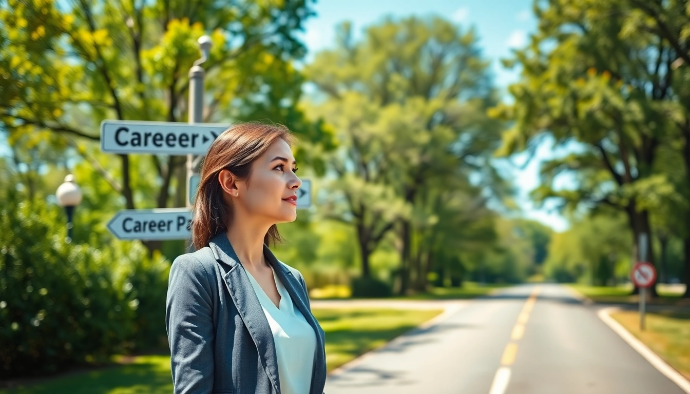 How to find my perfect career path depicted by a woman at a crossroads with guiding signs.