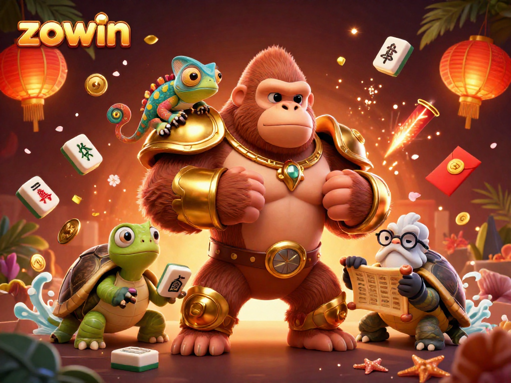 Zowin's gorilla king and chameleon companion celebrate gambling wins in a vibrant casino scene.