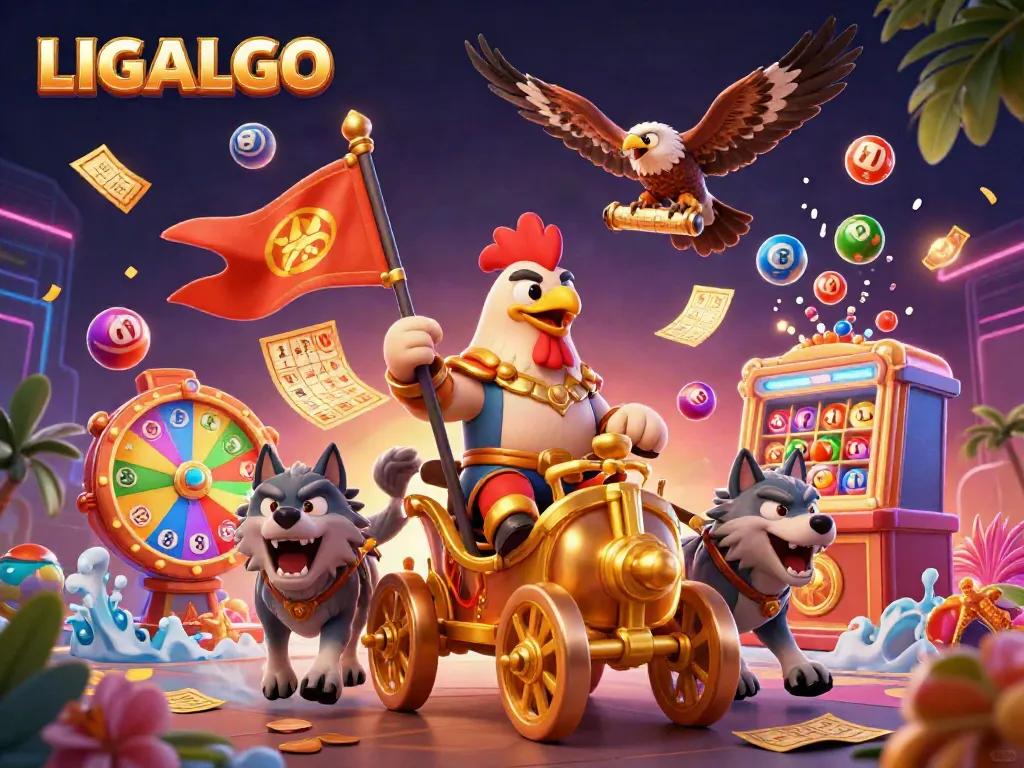 LIGALGO enhances the gaming experience with colorful lottery balls and vibrant prizes in a dynamic casino scene.