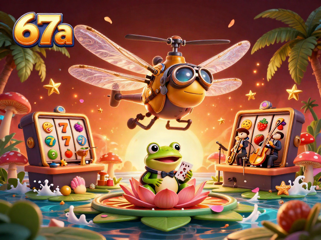 Experience vibrant gameplay with 67a, featuring a colorful 3D casino scene with characters and dynamic slot elements.