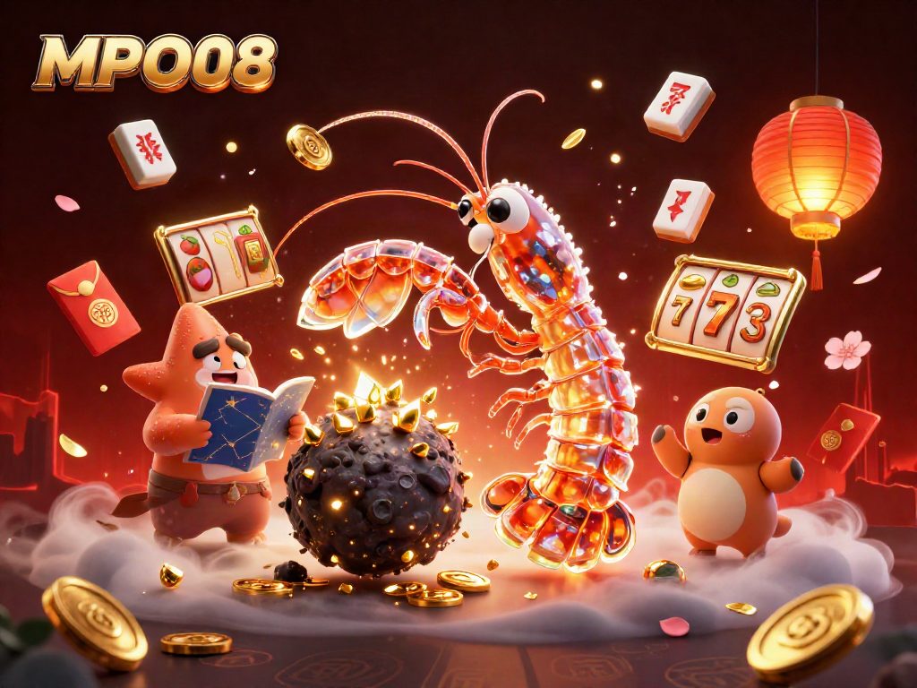 MPO08 offers an exciting array of gaming experiences, featuring vibrant 3D visuals of slot games with galactic elements.