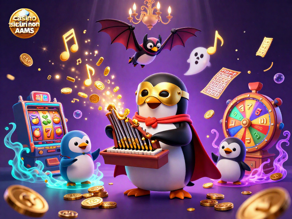 Gioca nei casino sicuri non AAMS con un'illustrazione vivace e dettagliata di un pinguino fantasma all'opera.