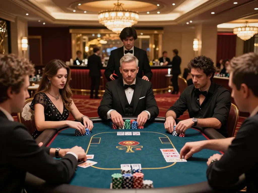 Engaged players at a poker game raising chips in an upscale casino, highlighting j88 gameplay dynamics.