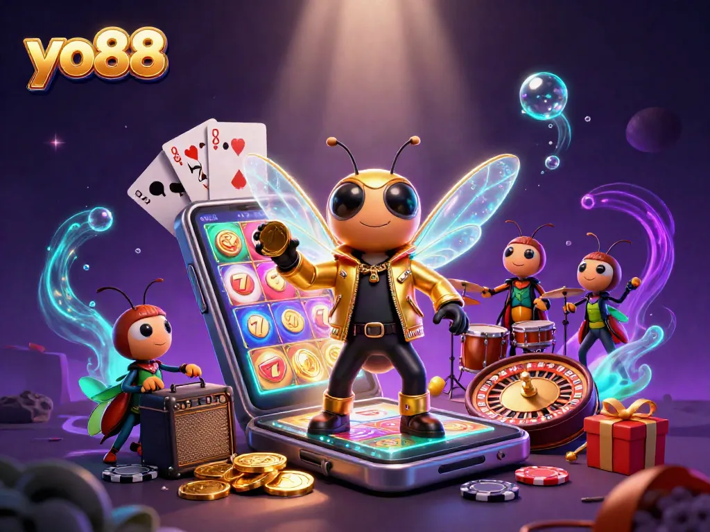 Engage with yo88's thrilling slot games and vibrant 3D scene featuring animated casino elements.