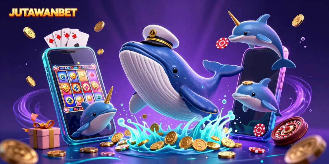 Join the exciting world of JUTAWANBET with a whale, narwhal, and dolphins amid casino elements like slots and poker chips.