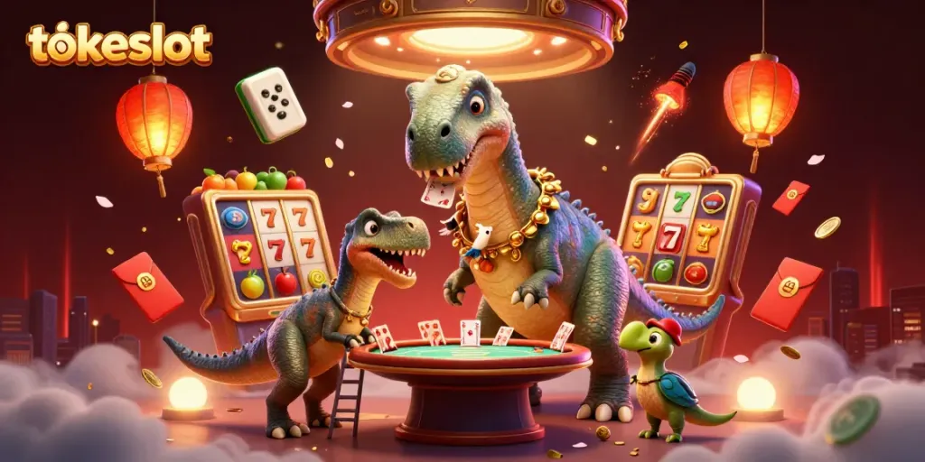 Engage with the vibrant tokeslot scene featuring a giant brontosaurus, slot reels, and colorful decorations while playing!