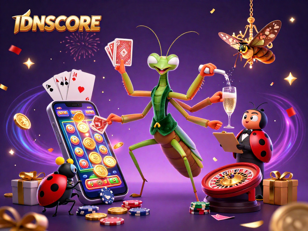 IDNSCORE presents a lively scene with a mantis card sharp and ladybug pit boss celebrating with dynamic slot game elements.