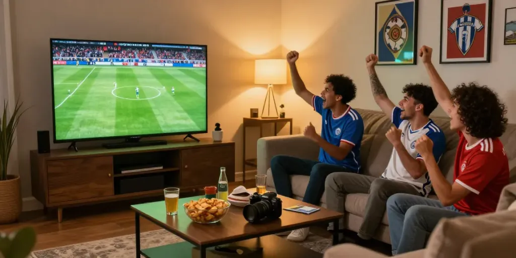 Friends enjoying live soccer streaming at https://gavangtv.life/ in a cozy living room.