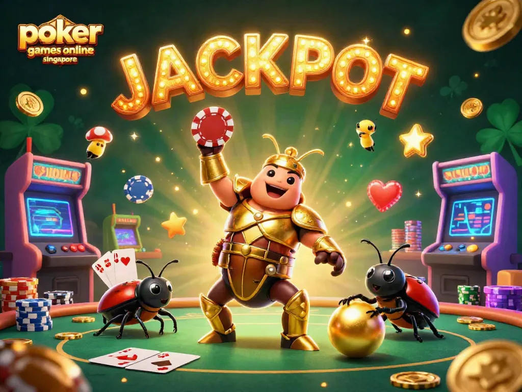 Engage in poker games online Singapore with this vibrant 3D scene showcasing joyful characters in a casino backdrop.
