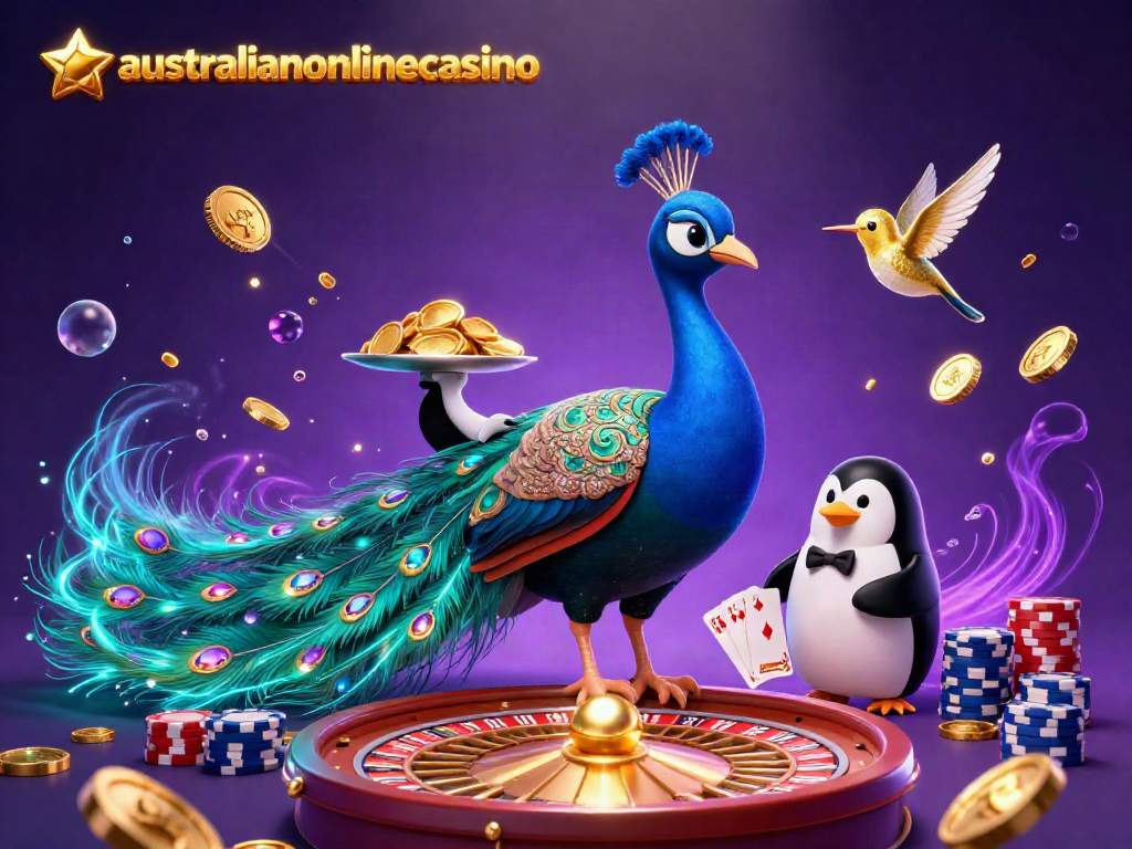 Experience the magic of australianonlinecasino with a vibrant 3D scene of a peacock, penguin, and hummingbird amidst casino elements.