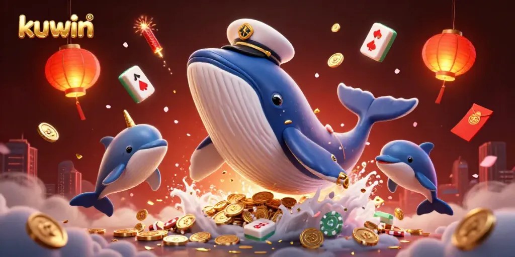 Kuwin's vibrant gaming experience captured with a playful whale and dolphins amidst casino elements