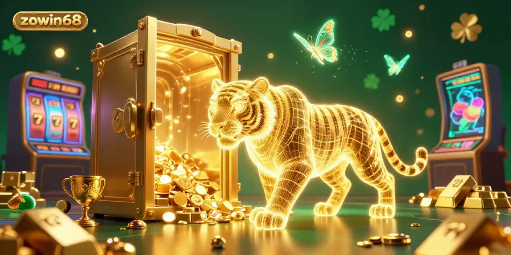 Zowin68 creates winnings in a dazzling casino scene with a neon tiger and vibrant slot reels.