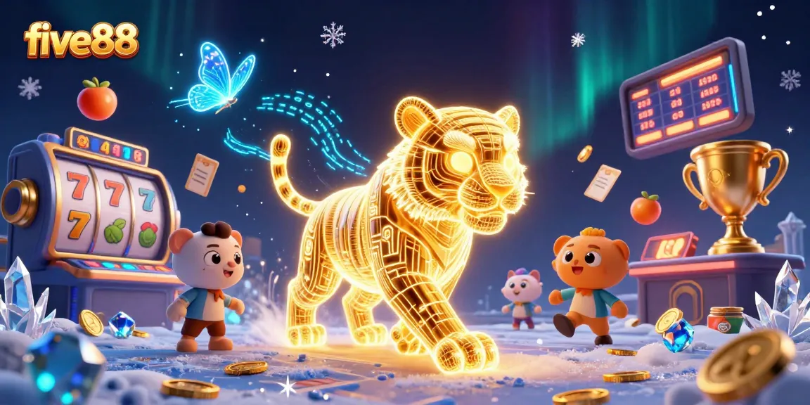 Engage in exciting gameplay at five88 with a vibrant 3D casino scene showcasing neon characters and slot elements.