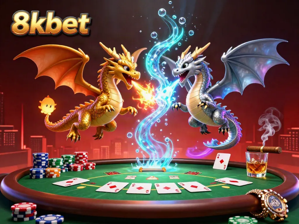 Engage with 8xbet as twin dragons battle in a stunning casino scene filled with poker elements.