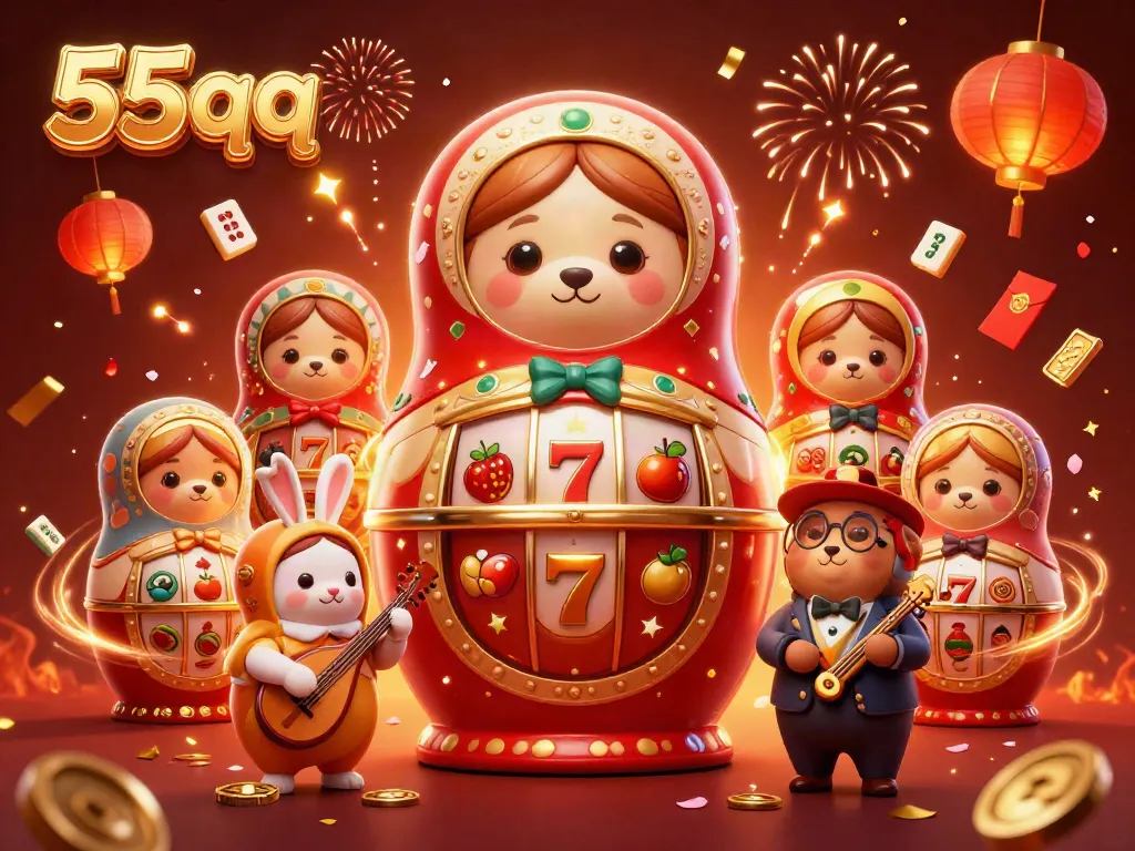 Experience the excitement of 55qq with a vibrant illustration of casino elements and charmed characters.