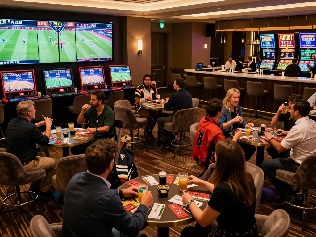 Patrons placing bets in the MB66 sports betting lounge with excitement during live games.