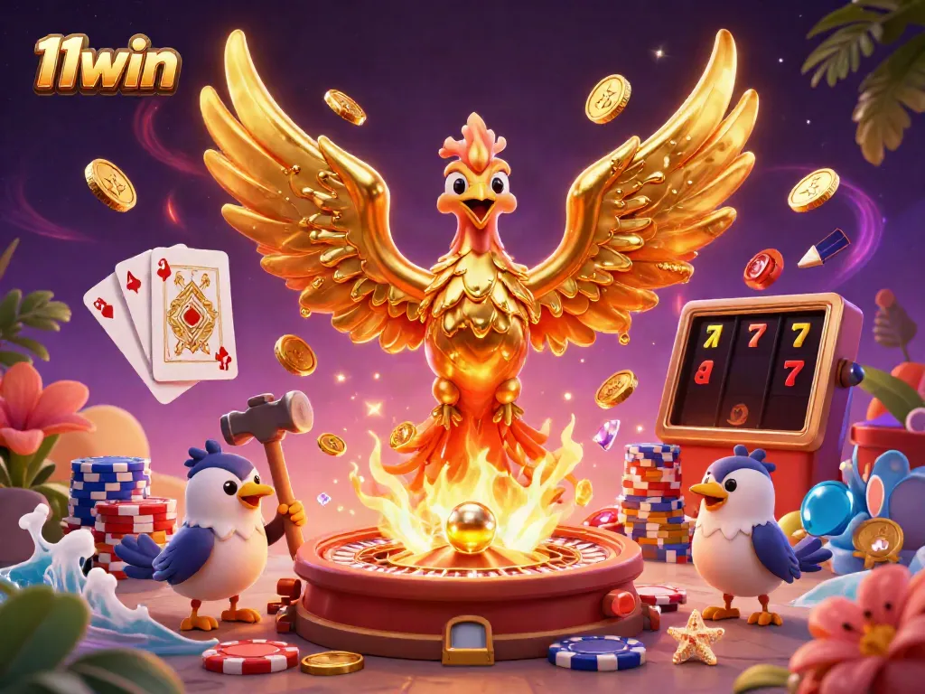 Experience thrilling moments at 11win with a dynamic casino scene featuring golden elements.