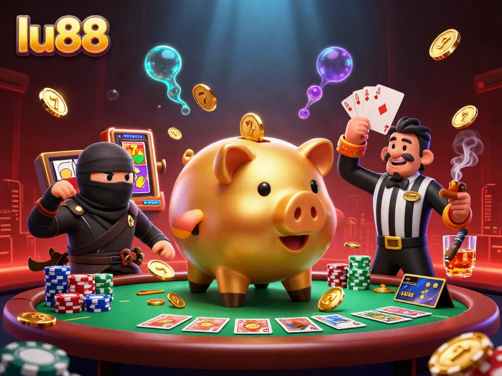 Engage with the thrilling lu88 scene featuring a golden piggy bank sumo wrestler celebrating with poker chips and a lively background.