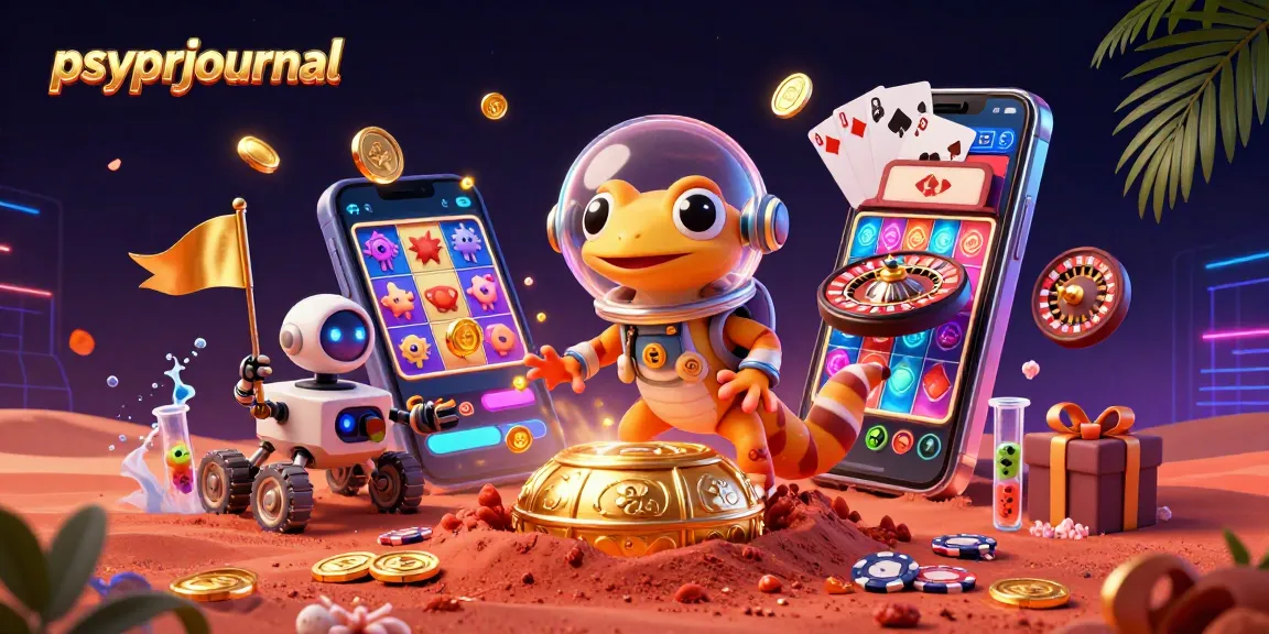 Memainkan permainan slot di kasino emas dengan psyprjournal, gecko Mars dan robot berdiri di atas pasir merah