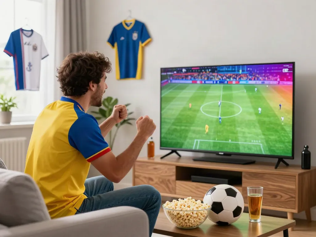 Excited soccer fan at home watching high-definition match on https://cakhiatvvn.jpn.com/, surrounded by memorabilia.