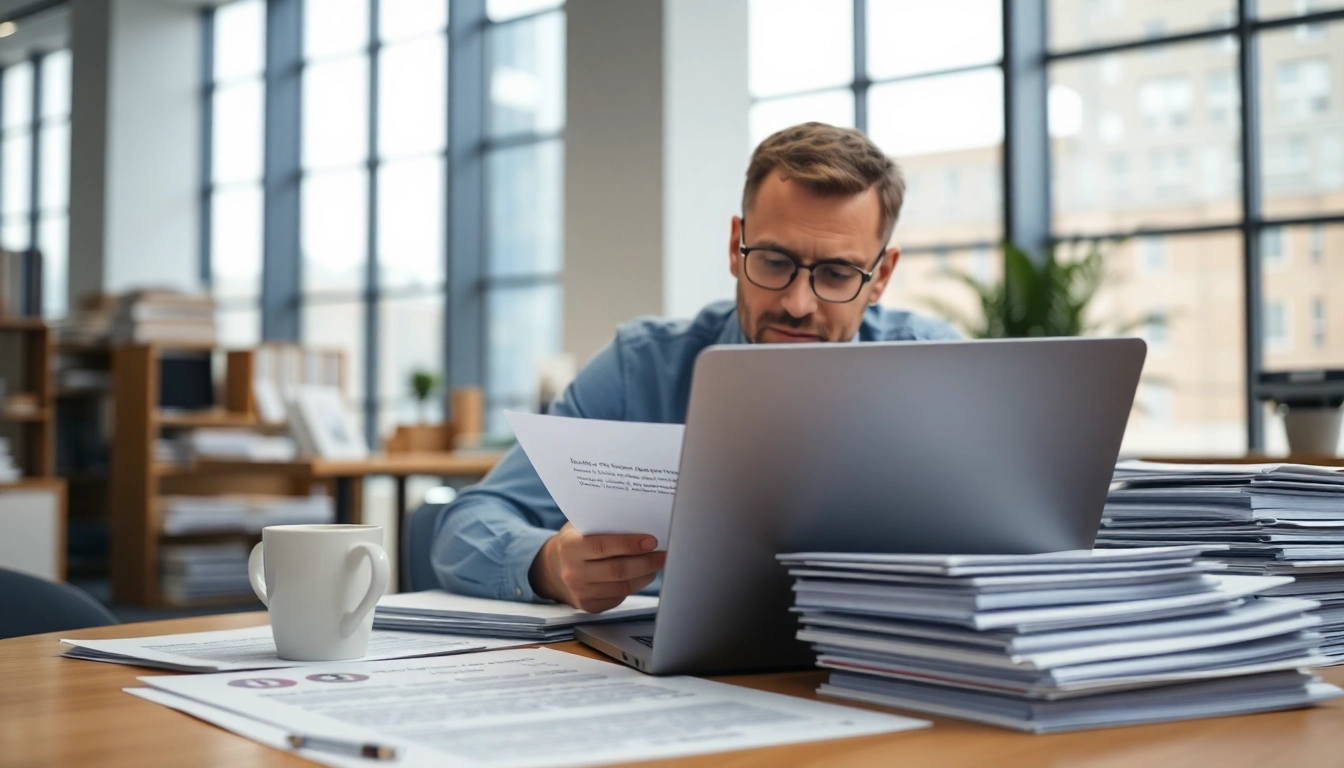 Visual representation of a professional reviewing Federal and State contracts in a modern workspace.